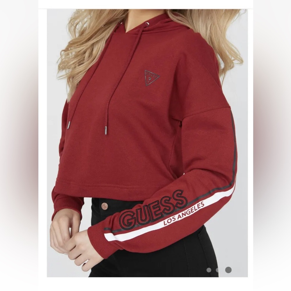 GUESS Edana Fleece Cropped Logo Red Women's Hoodie Size XL